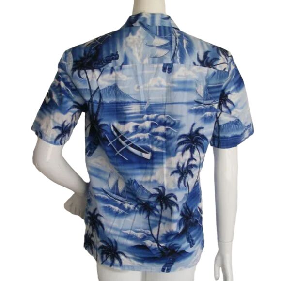 ROYAL CREATIONS Hawaiian Shirt, S, Blue/White, Sea View, outriggers, Tikis - Picture 5 of 9